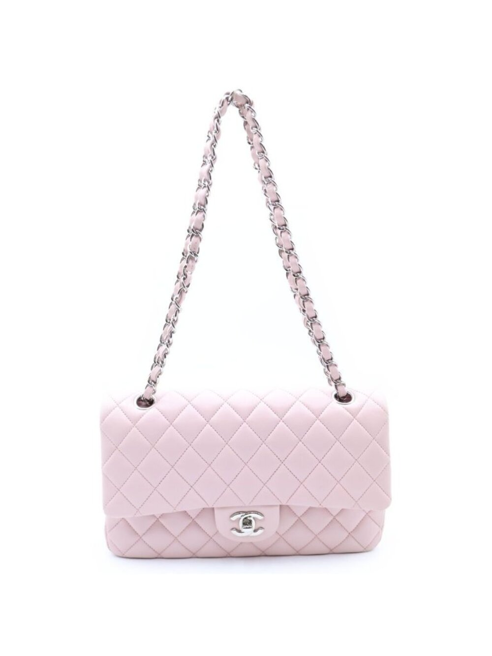 Chanel Quilted 25 Double Flap Chain Shoulder Bag Pink Lambskin Silver